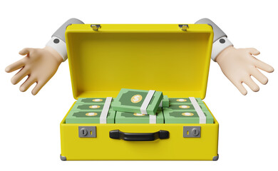 pile dollar banknote in yellow suitcase with cartoon character businessman hands isolated. investment or business finance concept, 3d illustration or 3d render