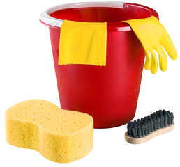 Yellow cleaning glove with brush and red bucket isolated on white background © BillionPhotos.com