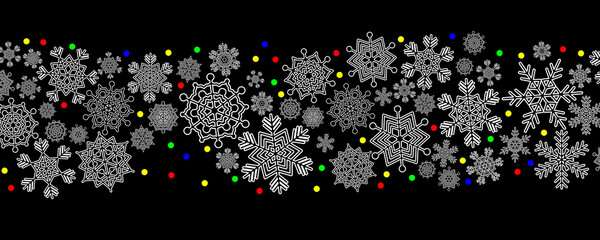 Snow blizzard of elegant snowflakes and multicolored lights of New Year's garlands. Christmas holiday banner for celebration decoration design.