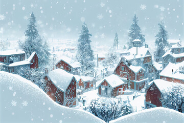 Wallpaper graphic background design for winter season. The village with falling snow on the snow field. Poster card cover for Christmas.