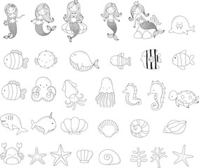 Mermaid with fish and sea creatures cartoon, big set outline hand drawn style, for printing,card, t shirt,banner,product.vector illustration