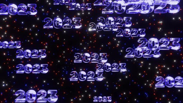 Blue neon happy new year 2023 text fall down space with twinkling stars, looped 3d render. Concept celebrate 2023 new year background symbols drop.