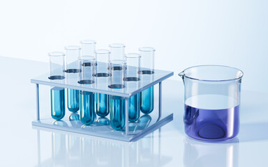 Test tubes and beaker in the lab, 3d rendering.