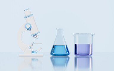 Microscope and glassware on the desk in the lab, 3d rendering.