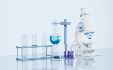 Microscope and glassware on the desk in the lab, 3d rendering. - obrazy, fototapety, plakaty