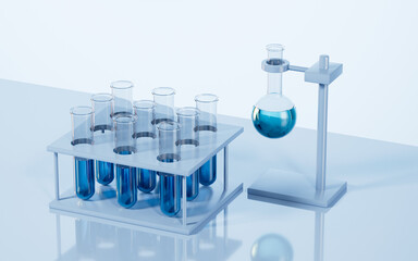 Test tubes and round flask on the desk in the lab, 3d rendering.