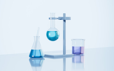 Glassware on the desk in the lab, 3d rendering.