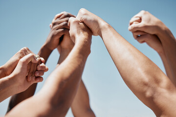 Pray, hands and community praying against a blue sky background for worship, praise and religion...