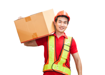 Male worker in hardhat holding cardboard box walking through in retail warehouse, Warehouse worker working in factory warehouse