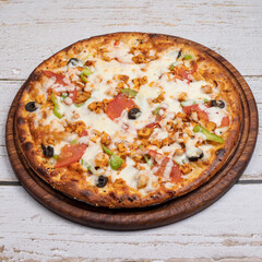 pizza on a wooden board