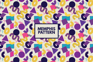 Memphis retro 80s 90s style. Geometric halftone shapes. Vector seamless repeat abstract pattern.