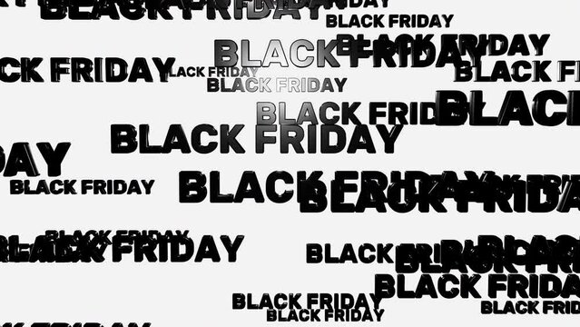 Black friday text fall down isolated on white background for promo, looped 3d render. Concept of discounts, sales, seasonal promotions, shopping 1111.