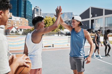 Basketball, high five and sports team hands in celebration of game win, match or training. Teamwork, sport and fitness by basketball player hand in support of motivation, success and goal at court