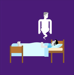 Soul flies out of dead man on bed. Dead man and spirit