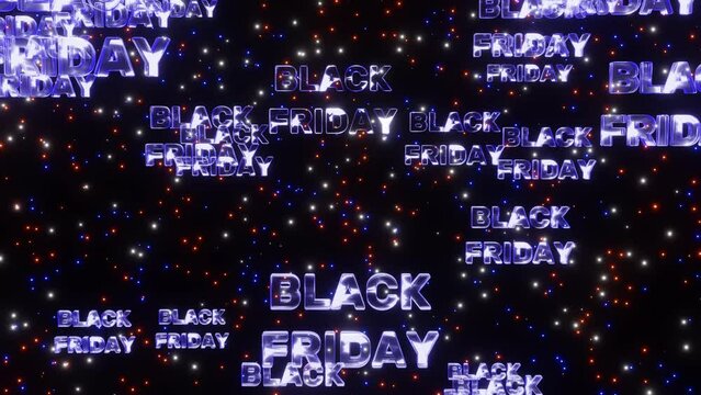 Blue black friday neon text fall down space with twinkling stars for promo, looped 3d render. Concept of discounts, sales, seasonal promotions, shopping 1111.