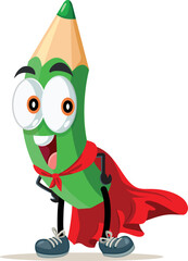 
Superhero Pencil Vector Mascot Character Wearing a Red Cape. Drawing instrument school supply funny super hero 
