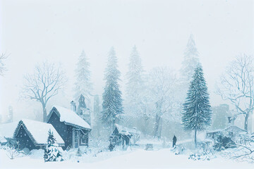 Snow falling on the village in winter season. The village on snow field and Christmas tree. Poster card cover wallpaper background graphic design. 