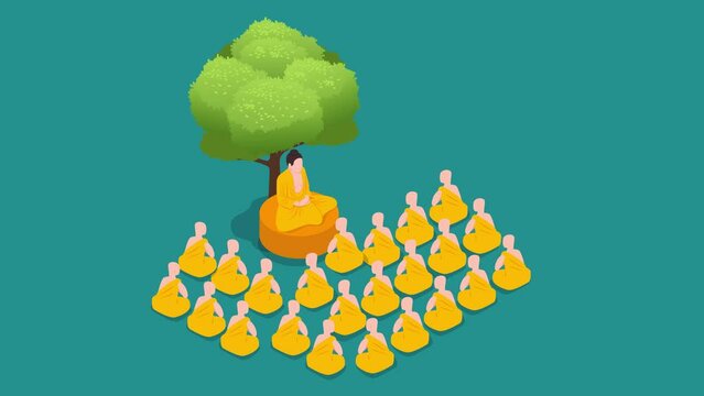 Buddha meditating with crowd of monk