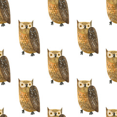 Watercolor seamless pattern with owls.