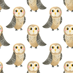 Watercolor seamless pattern with owls.