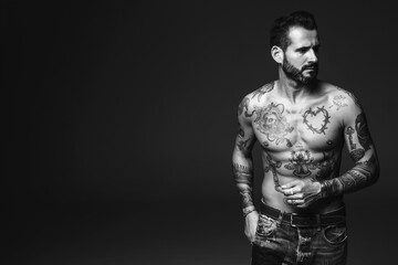 Fototapeta na wymiar Portrait of handsome confident stylish hipster lambersexual model. Sexy modern man. Naked torso with tattoos.Fashion male posing in studio on dark background