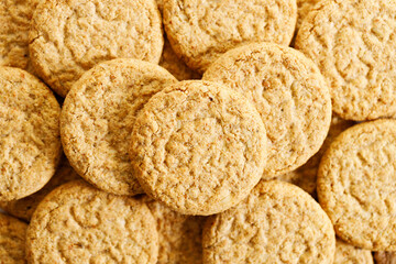 Closeup of a group of oatmeal cookies.