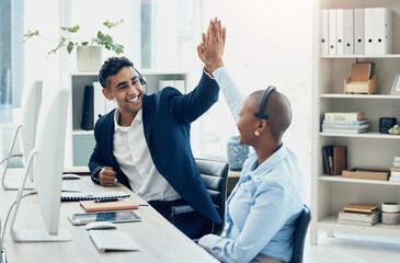 Call center, high five and team hands in support of sale, telemarketing and success, sales and target in office. Teamwork, b2b and hand in motivation with consultant happy, smile and crm consulting