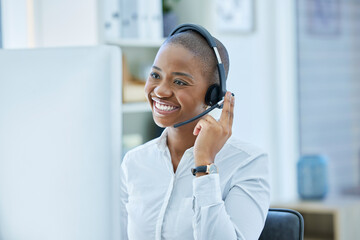 Call center, communication and consulting with black woman at desk for telemarketing, customer...