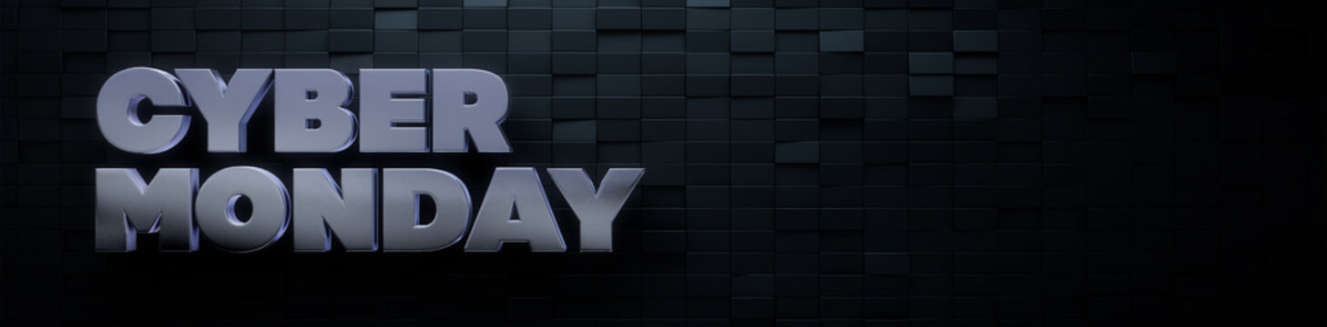 Cyber Monday Banner with Thick, Shiny 3D Words against Rectangle tiles. Premium Background with copy-space.