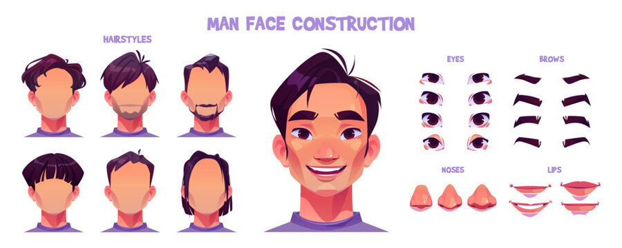 Asian man face construction cartoon set isolated on white background. Vector illustration of different male character eyes, nose, mouth, hairstyle for avatar creation. Game design elements
