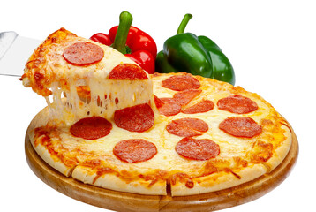 Pepperoni Pizza on wooden board with red and green bell peppers isolated