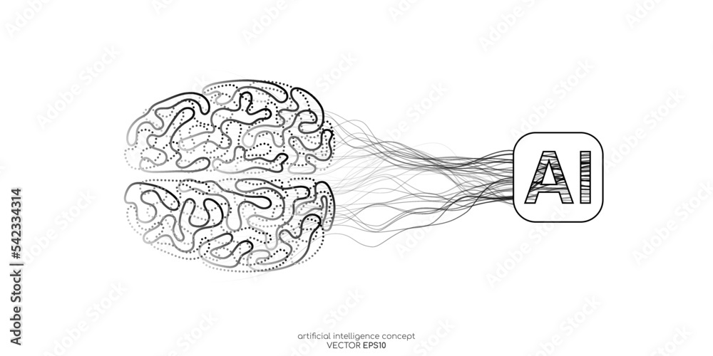 Poster Vector illustration left right human brain black line and neural network wavy line isolated on white background in concept of A.I. artificial intelligence technology, machine learning, neuroscience