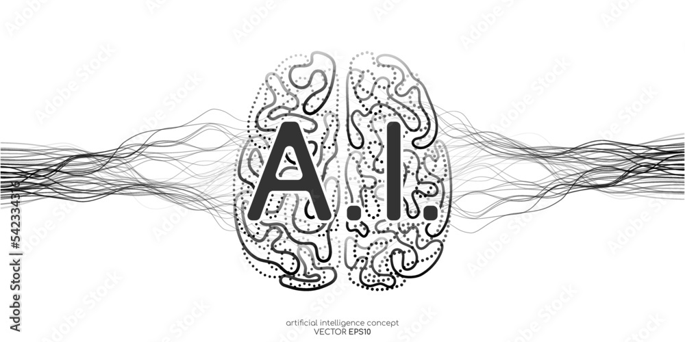 Aufkleber vector illustration left right human brain black line and neural network wavy line isolated on white