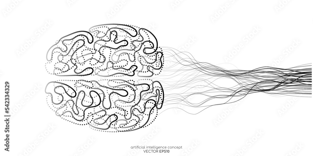 Poster vector illustration left right human brain black line and neural network wavy line isolated on white