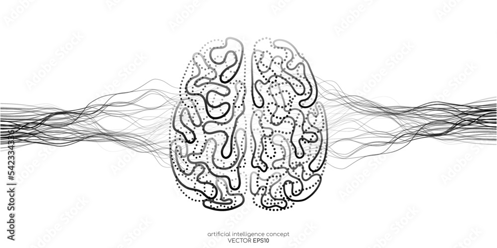 Poster Vector illustration left right human brain black line and neural network wavy line isolated on white background in concept of A.I. artificial intelligence technology, machine learning, neuroscience