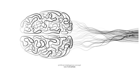 Vector illustration left right human brain black line and neural network wavy line isolated on white background in concept of A.I. artificial intelligence technology, machine learning, neuroscience - obrazy, fototapety, plakaty