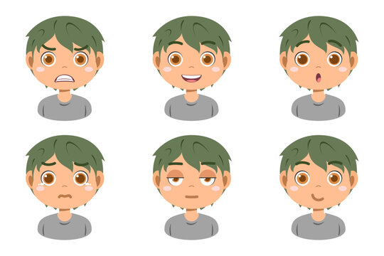 Collection of face expressions cute children cartoon character design. Different emotions boy Vector illustration. Face of smiling, crying, anger, surprise, indifferent isolated on white background.