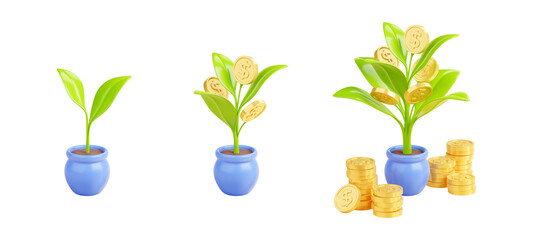 Fototapeta na wymiar 3D render set of sprout growing into money tree with golden coins isolated on white background. Concept of long-term investment, successful business development, startup company, smart budget planning