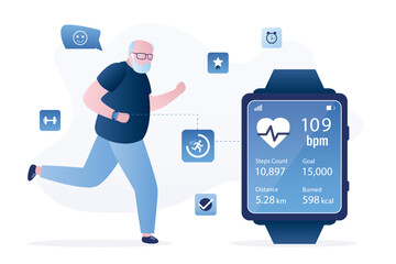 Elderly sportsman uses smart watch for counting steps. Fitness tracker with mobile phone app - step counter, pedometer, activity heart rate monitoring. Grandfather jogger.