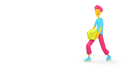 Young man character carry green cube. Poster template of business building, work part concept with guy holding heavy box, block or component, 3d render illustration