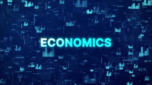 ECONOMICS Concept over animated stock market background with chart, numbers and matrix codes