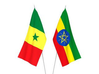 National fabric flags of Ethiopia and Republic of Senegal isolated on white background. 3d rendering illustration.