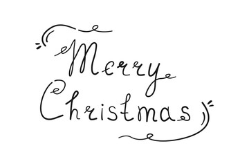 Black handwritten lettering of Merry Christmas. Festive hand drawn text for decoration design, greeting card, banner and poster. Vector illustration