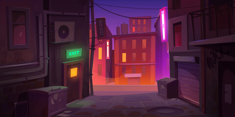 Dark dirty corner at night city with back exit door, litter bins on narrow street with old buildings and view on colorful light road, town landscape Cartoon vector illustration - obrazy, fototapety, plakaty