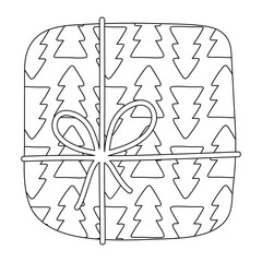 Coloring book, Box with a gift for christmas, new year, birthday. Black and white illustration for coloring. Development of children, education of preschoolers, schoolchildren. Task, game.