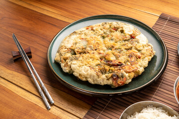 Korean pancake or Pajeon, Korean  dish made from egg and wheat flour with chili and chives vegetable.