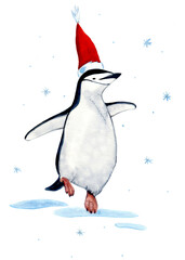 Christmas watercolor illustration. A cheerful penguin in a red Christmas hat. Children's illustration. For posters, postcards, etc.