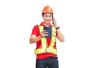 Cheerful warehouse worker with digital tablet checking inventory in warehouse, Workers working in warehouse