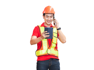 Cheerful warehouse worker with digital tablet checking inventory in warehouse, Workers working in warehouse