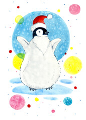 Watercolor illustration. Christmas penguin on a multicolored background. Children's illustration. For posters, postcards, etc.